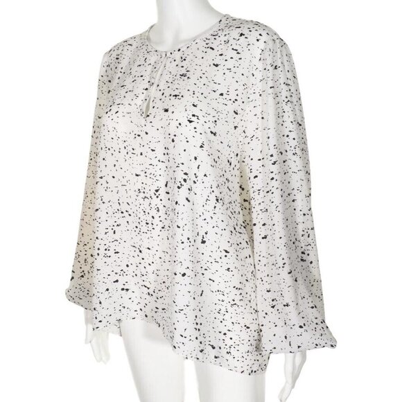 Ellen Tracy Top Womens Large Tunic High Low Keyhole Paint Spattered White Black - Picture 3 of 10